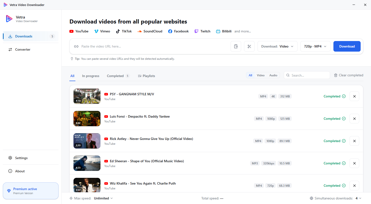 Vetra app showing a queue of downloaded videos with quality and size for each one